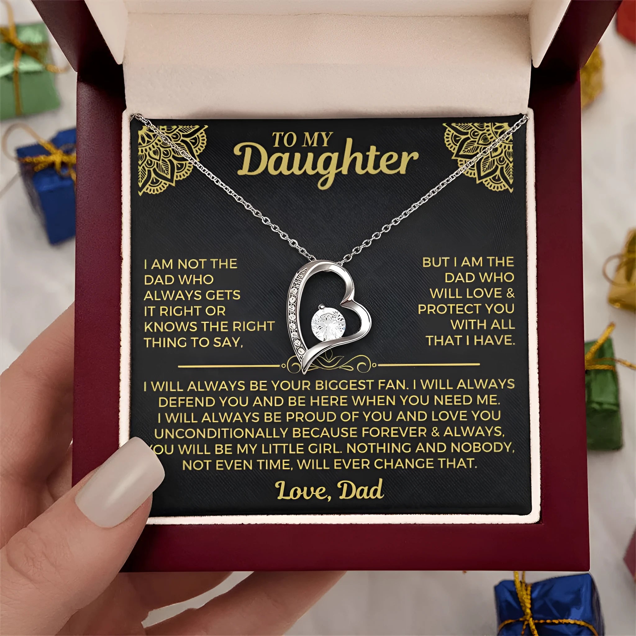 Hollow heart necklace pendant in gold or silver colour with gift box packaging options