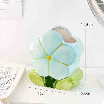 Ceramic flower pen holder storage box with floral pattern in blue, pink, or purple designs