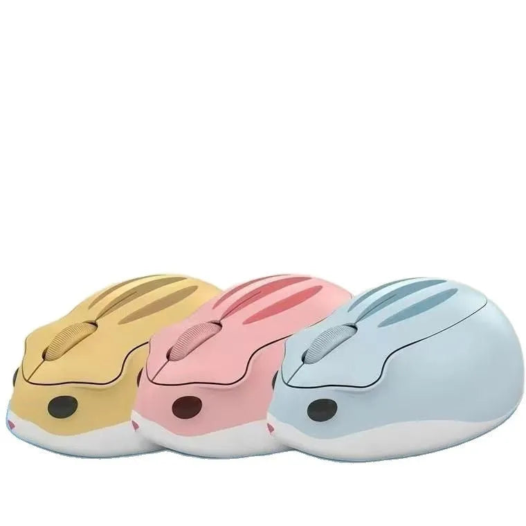 Hamster Wireless Bluetooth Silent Mouse in grey, pink, and yellow colour options shown on a desk.