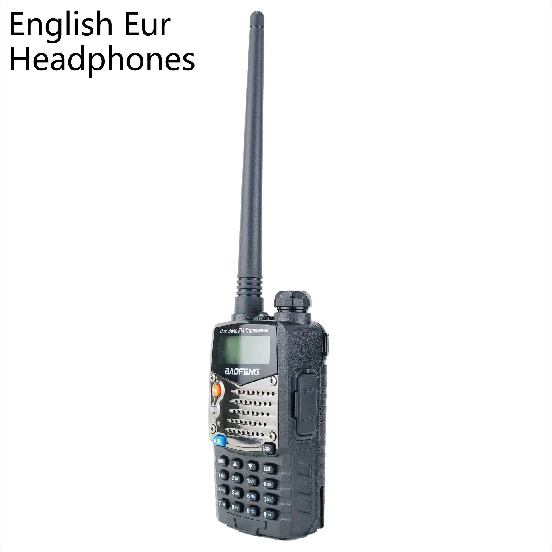 Baofeng UV-5RA handheld dual-band walkie-talkie radio with display screen and antenna.