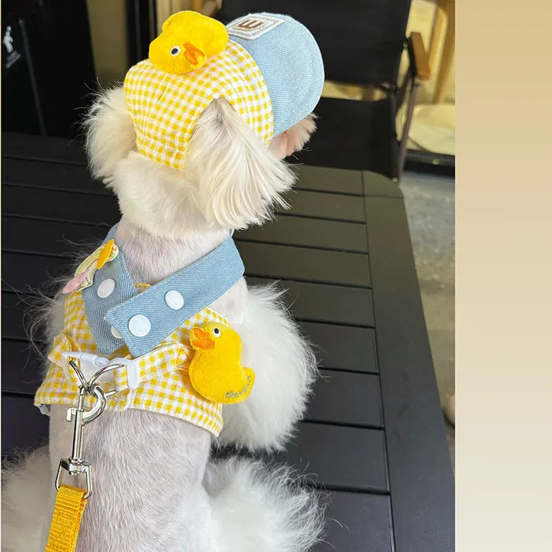 Three-piece pet harness set with colourful hat and wire rope leash for cats and small dogs