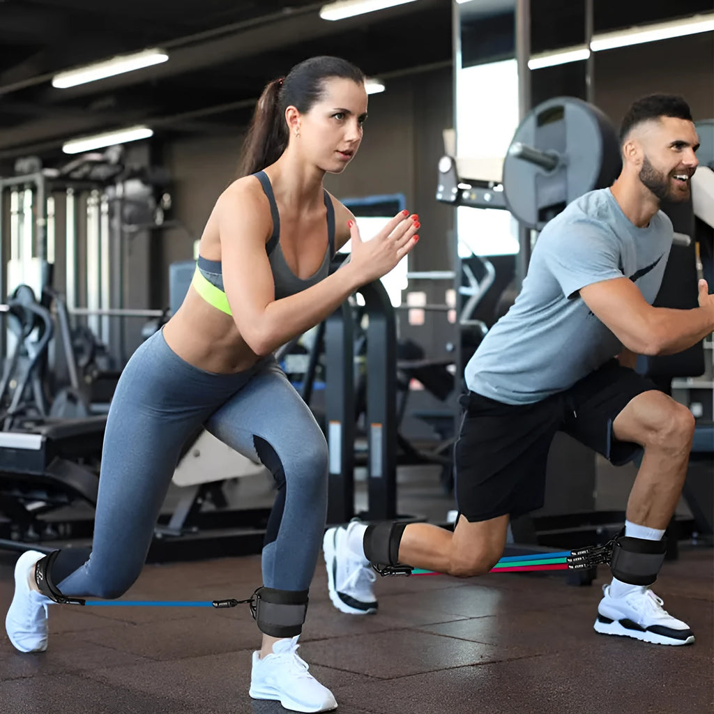 Set of three TPE resistance bands in 10lb, 20lb, and 30lb tensions with foot loops for ankle attachment