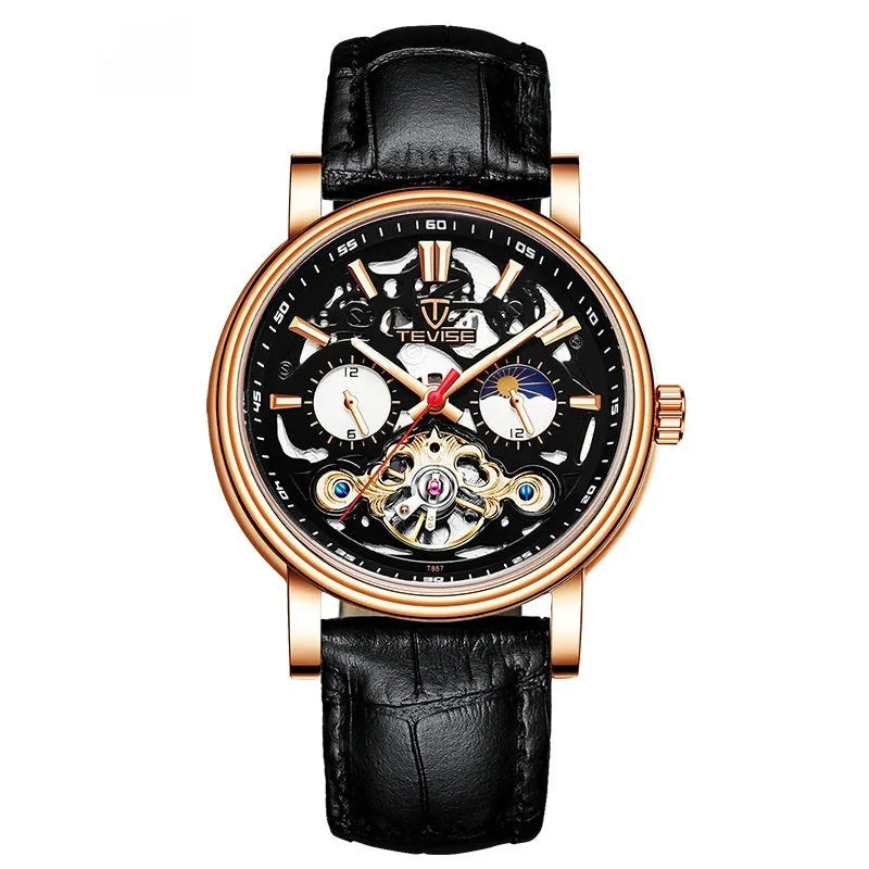Tourbillon mechanical watch with water resistance, luminous elements, and 16.5mm thickness in black colour