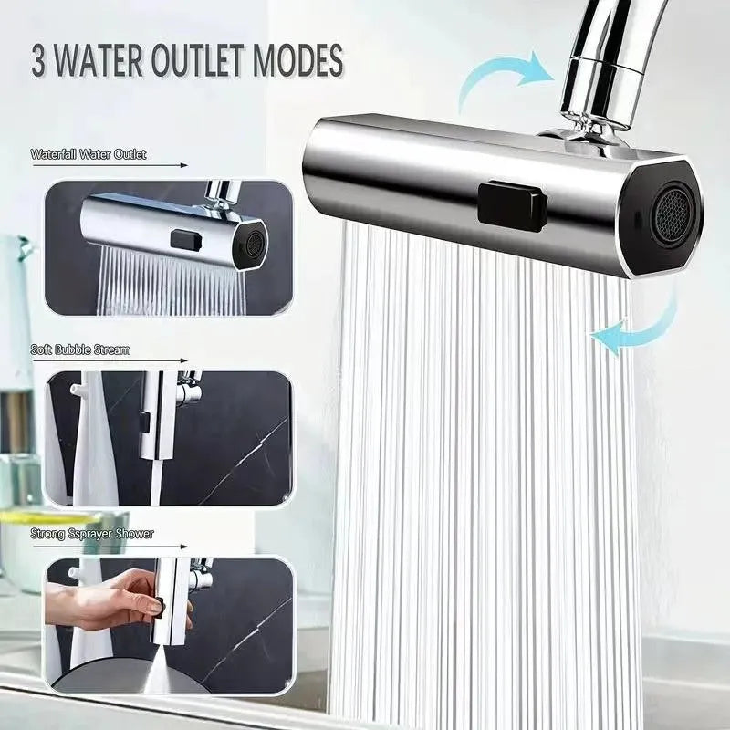 Silver waterfall faucet booster with universal rotation and three speed settings for kitchen sink