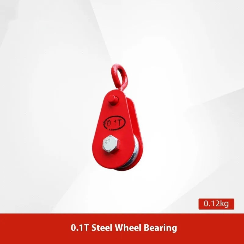Red industrial lifting pulley with a forged steel hook and safety latch.