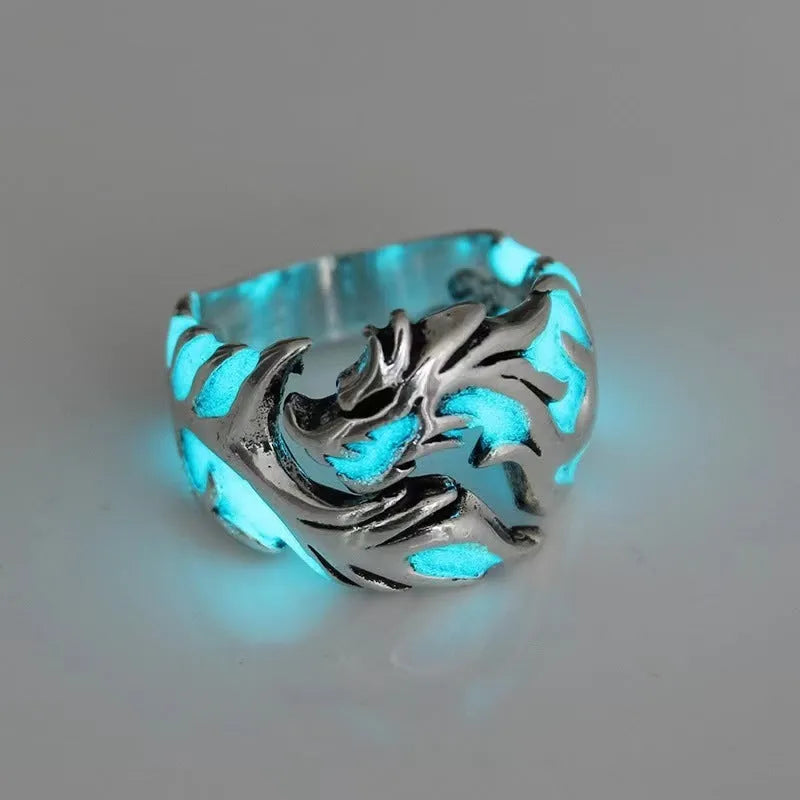 Chinese style luminous dragon pattern adjustable ring in antique silver blue and green metal.