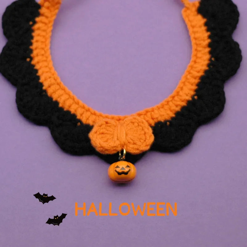 Hand-crocheted wool pet collar in Silent Pumpkin colour with adjustable sizing