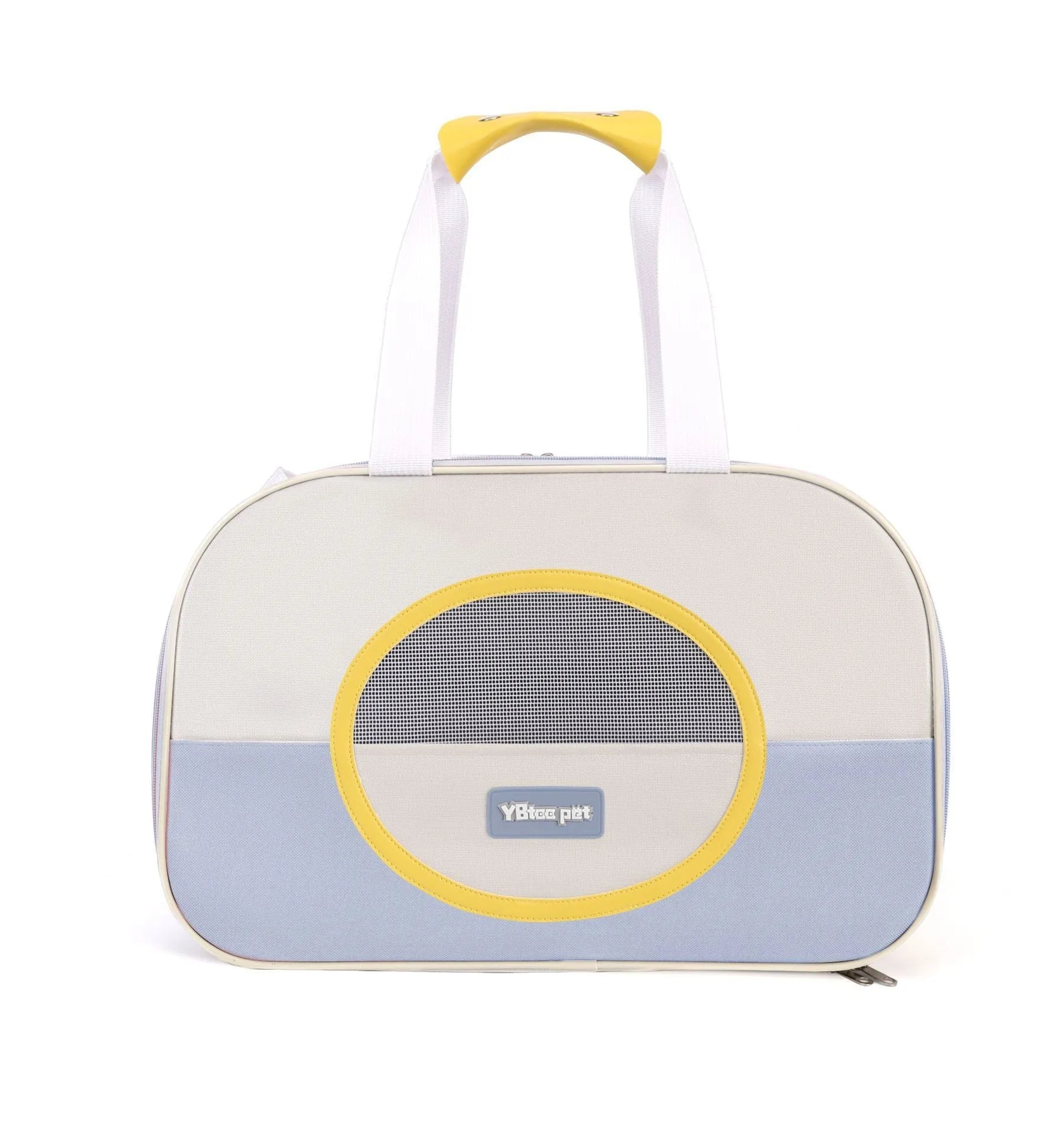 Blue foldable oxford cloth cat carrier backpack shown in outdoor setting