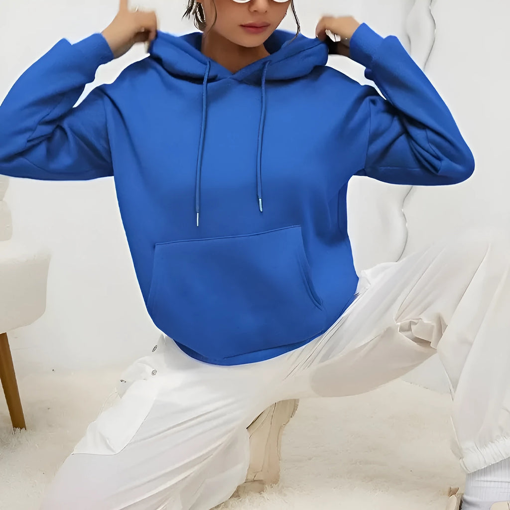 Women's loose grey drawstring hoodie sweatshirt with front kangaroo pocket