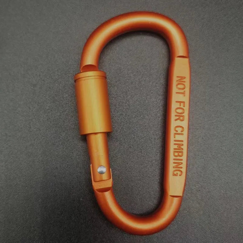 Aluminium D-shaped locking climbing carabiner with a flat 8cm design shown in silver.