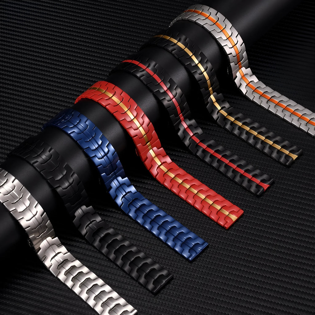 Stainless steel watch band for Samsung Watch 7 6 5 in silver and black colour options.