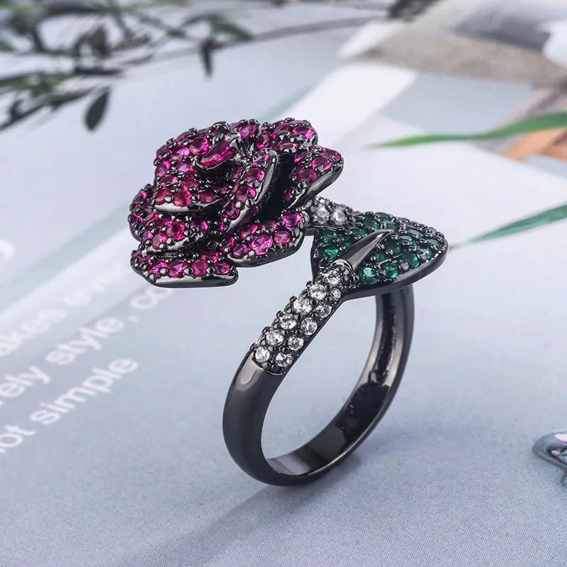 Geometric black gold ring with simulated red corundum stones for women