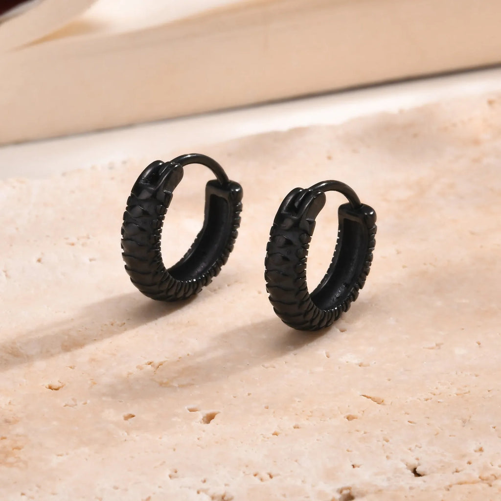 Stainless steel snake pattern earrings for men in black and gold options