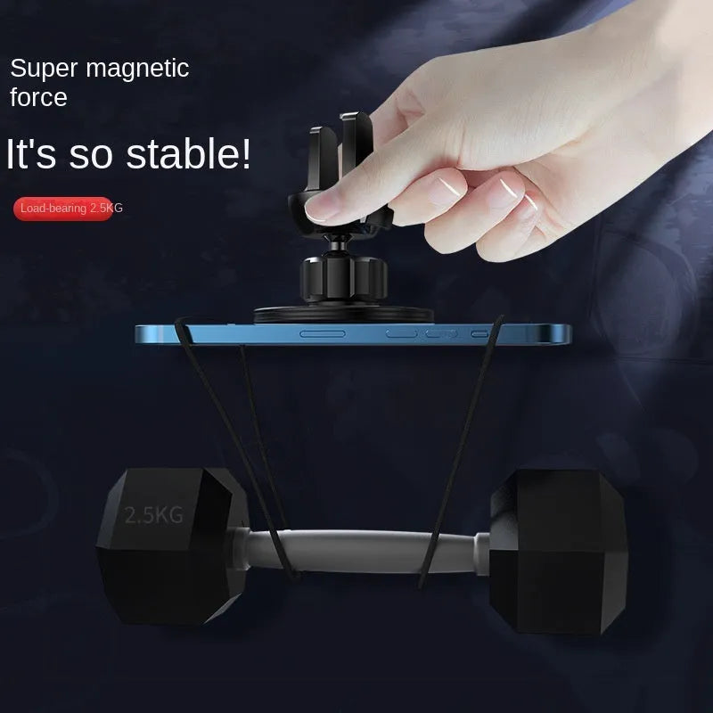 Black aluminium alloy magnetic phone holder attached to a car's circular air vent.