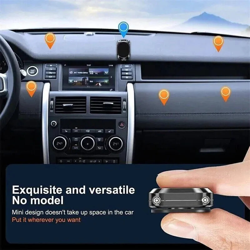 Chrome folding magnetic car phone holder shown extended and collapsed on a car dashboard.