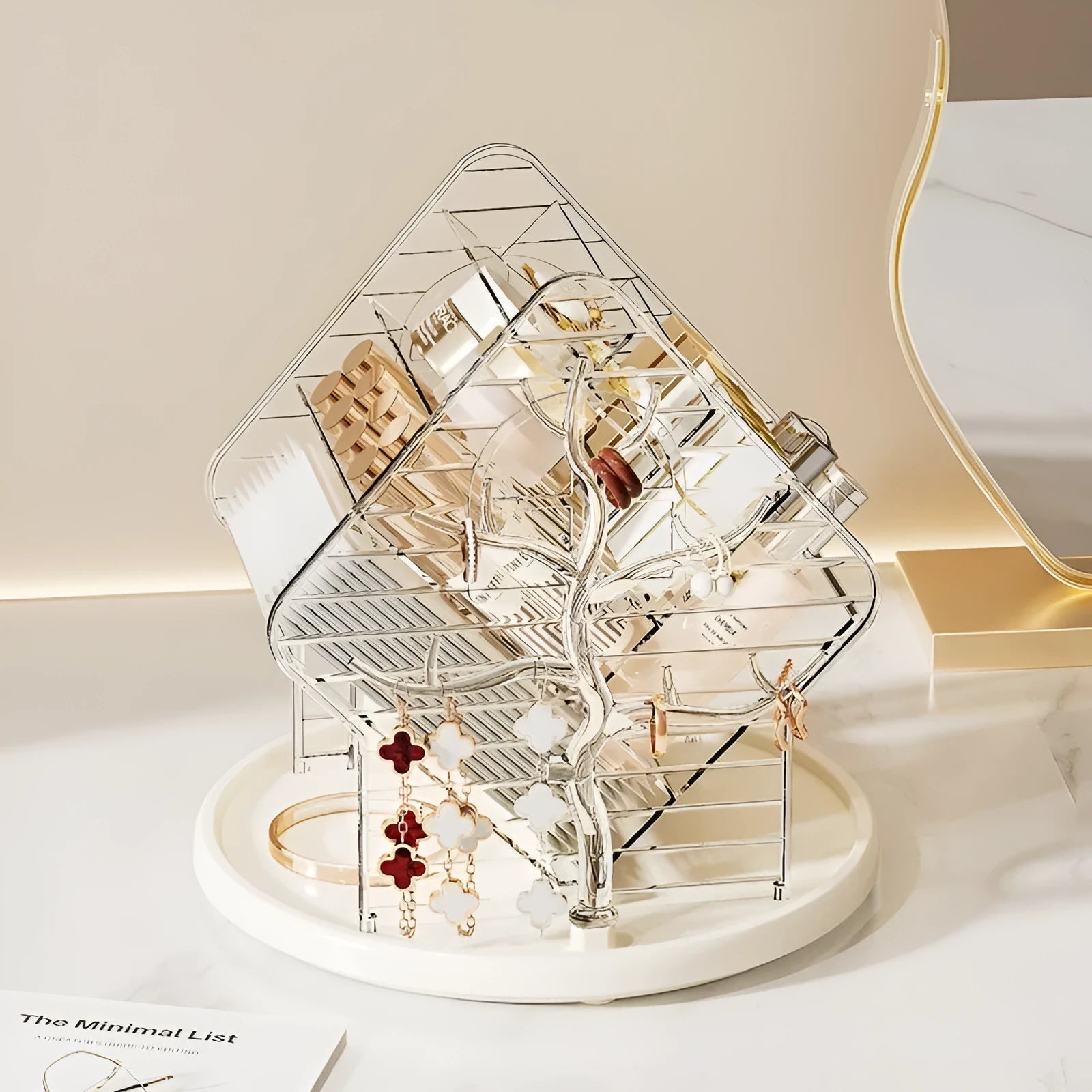 Rotating cosmetics storage box showing 360° rotation mechanism with clear acrylic design