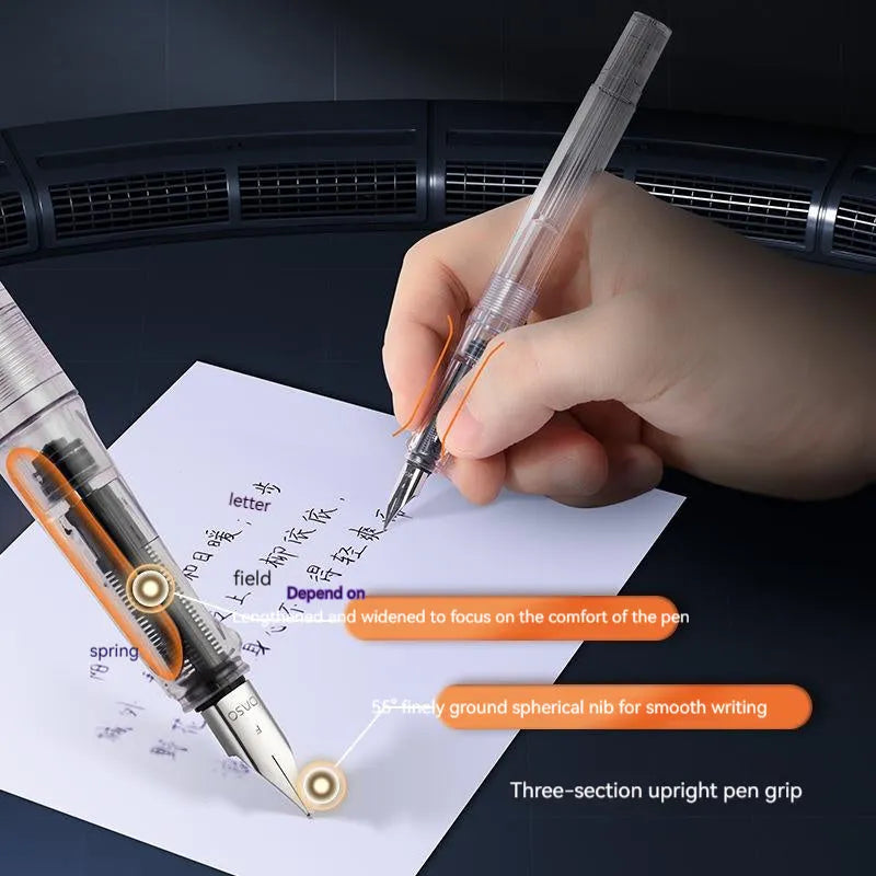 Automatic suction pen set with plastic body, two nib sizes, ink feeder, and handbag for students and office.