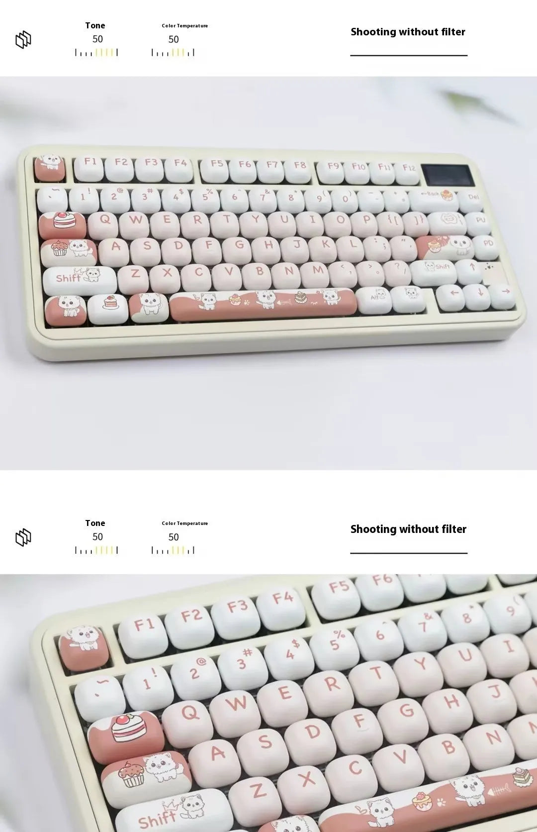 Close-up of a rounded mechanical keyboard key cap with a colourful cartoon dessert cat character print.