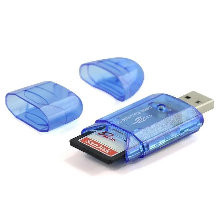 Transparent USB card reader with LED light for SD and MS memory cards.
