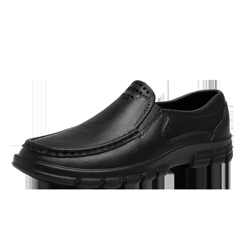 Men's black slip-on loafers with platform sole and round toe design