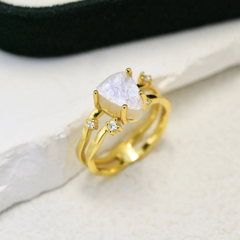 S925 sterling silver irregular triangle ring with a moonstone in rose gold, white gold, or yellow gold finish.