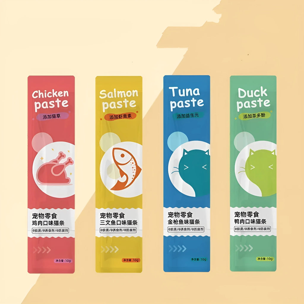 Pack of 10 cat snack strips for kittens in four flavour varieties