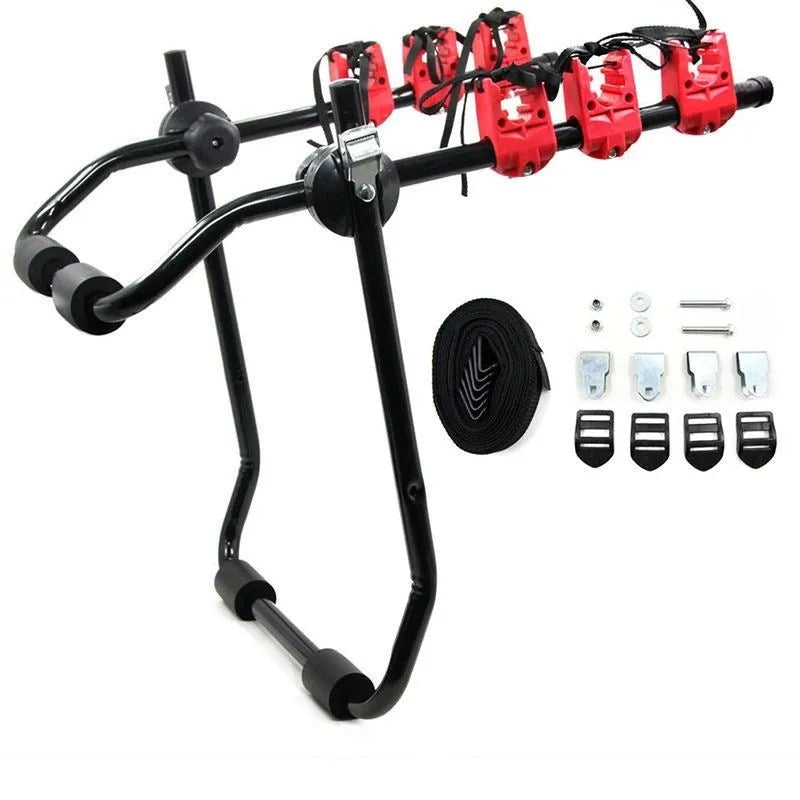 Black and red trunk-mounted bicycle carrier rack with tie ropes and protective sponge padding.