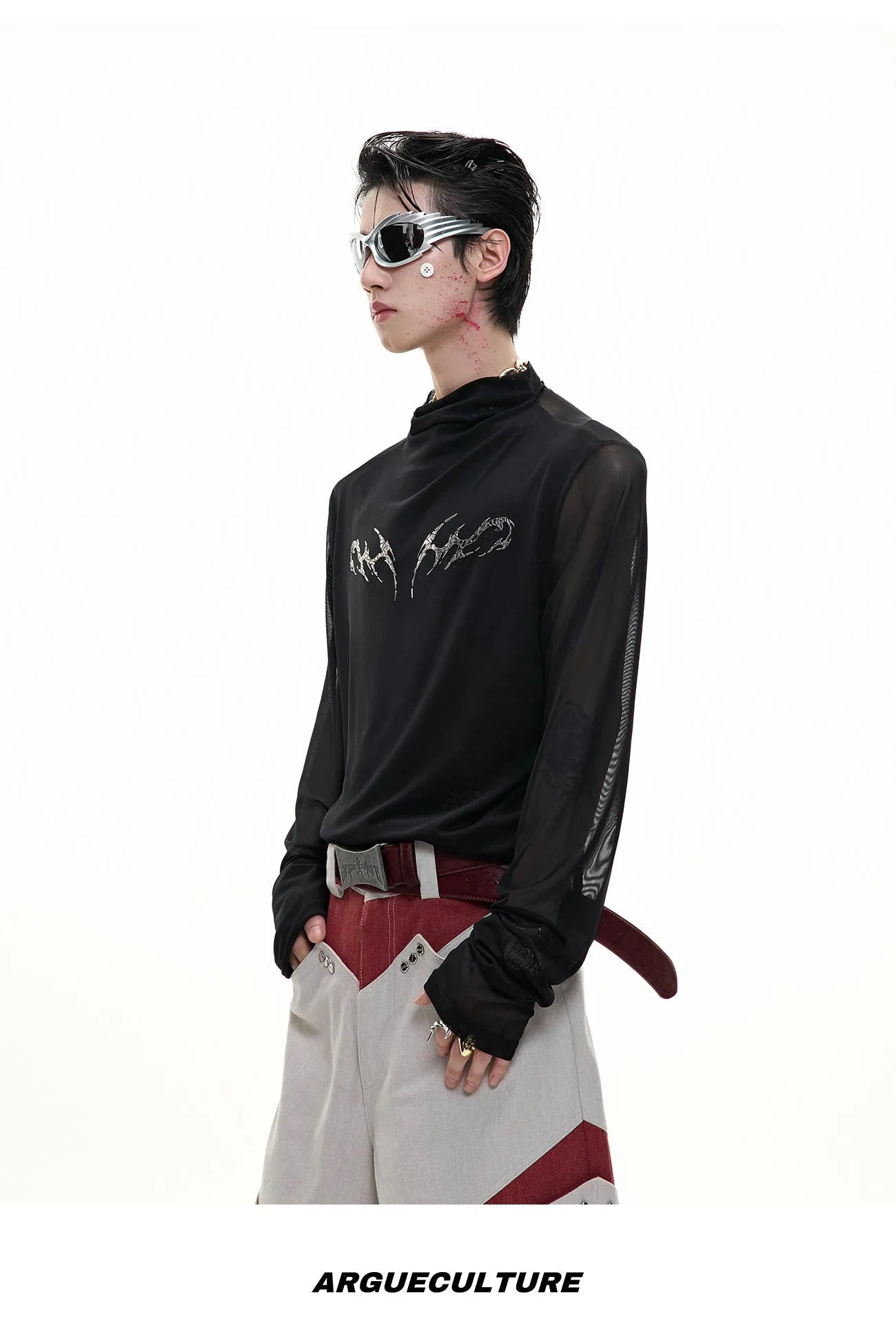 Black slim fit long sleeve niche mesh shirt for men on a white background