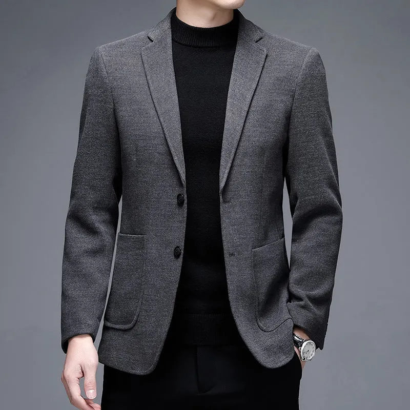 Men's solid colour thick woolen casual winter jacket with loose fit and long sleeves