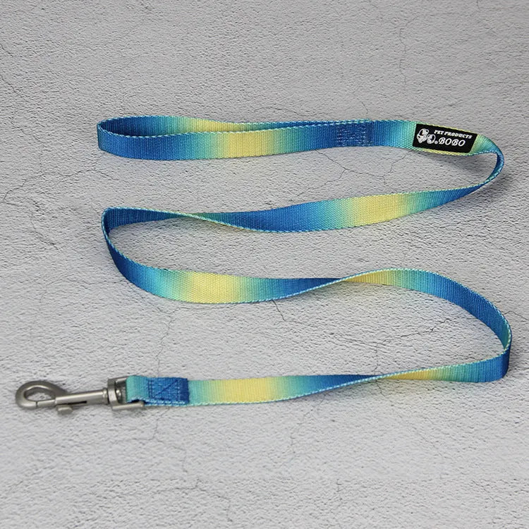 Nylon dog leash and collar set showing gradient colour pattern in pink and blue