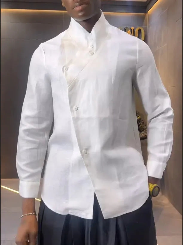 White asymmetric front long sleeve shirt with black pleated trousers casual set