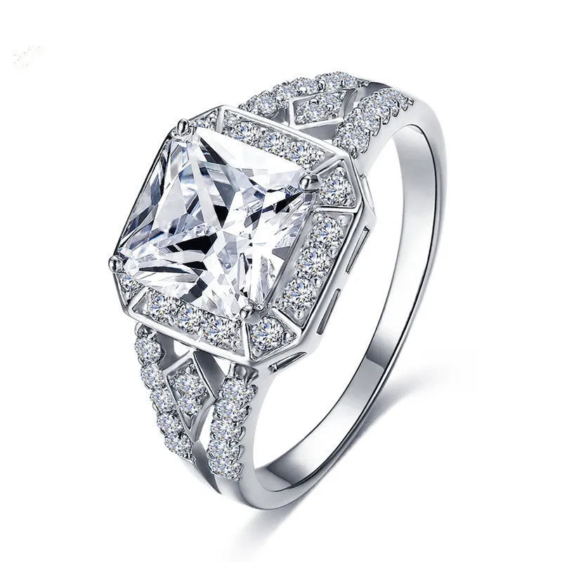 Geometric zircon ring with hollow design and platinum colour finish on solid copper