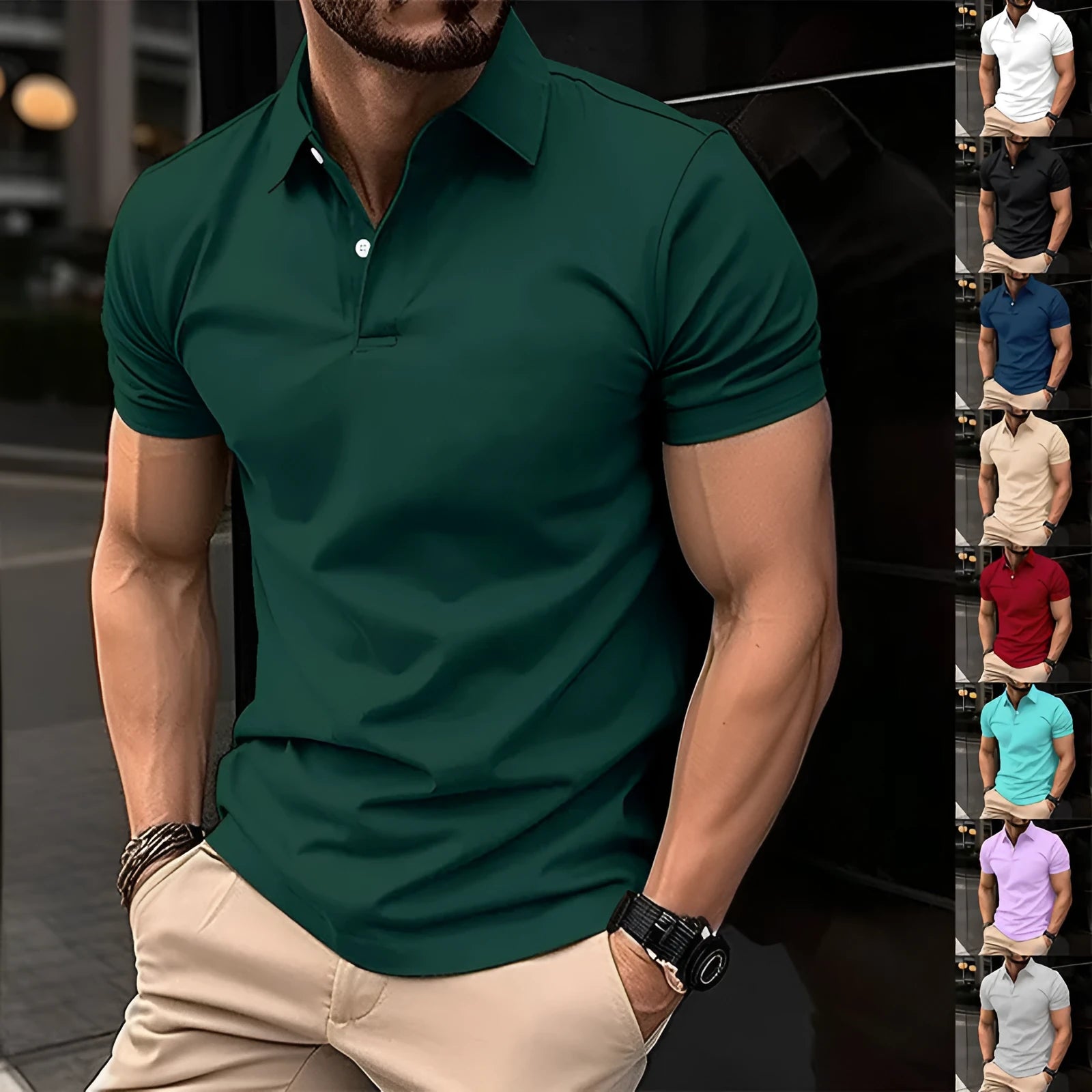 Men's solid colour short sleeve polo shirt with button lapel collar in a cotton mix fabric.