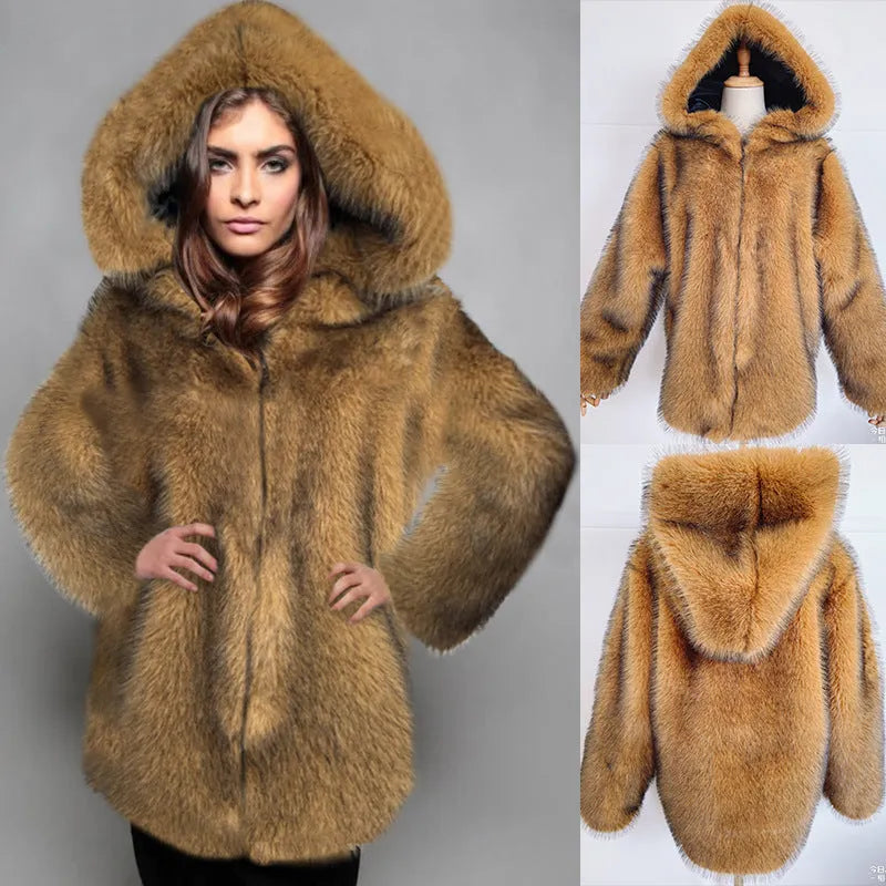 Loose mid-length silver grey artificial fur coat for women on a hanger