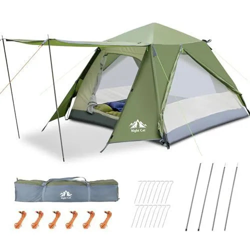 Dark green automatic pop-up camping tent for two people with waterproof rainfly