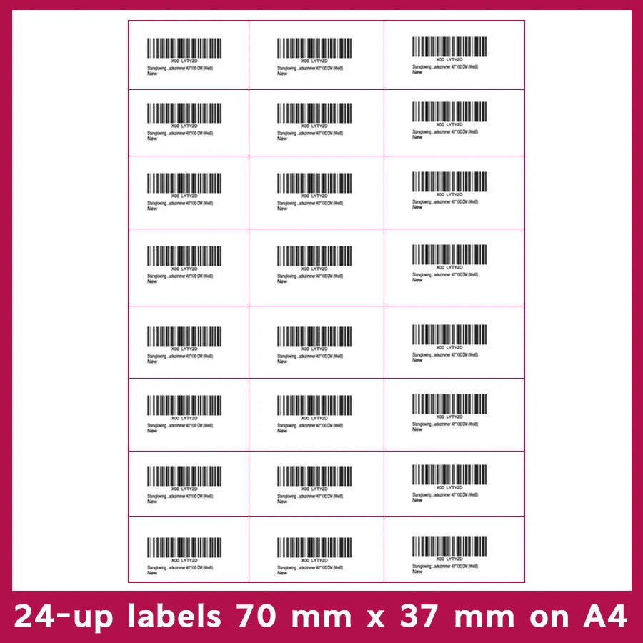 Pack of 100 pre-cut A4 FBA barcode label sheets showing multiple grid format options