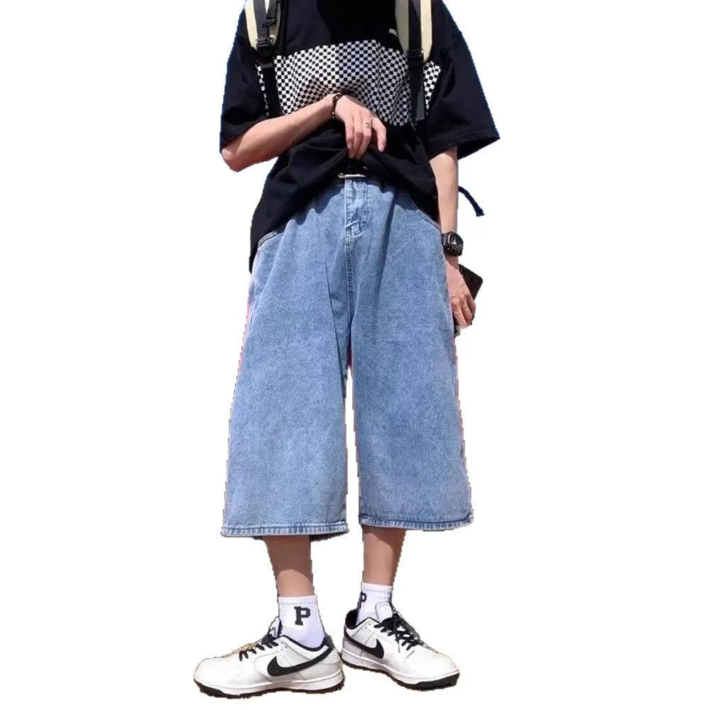 Men's blue high-waisted denim pirate shorts with a cropped, straight leg and zipper fly.