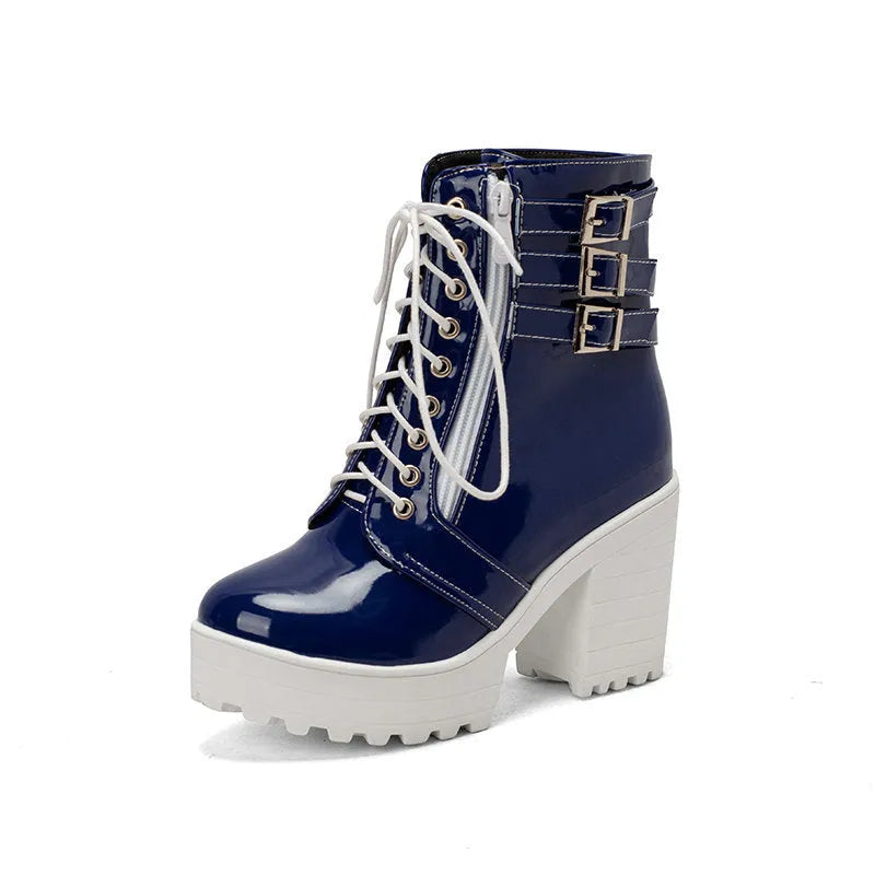 Women's black ankle boots with chunky 6-8cm rubber heel and front lace-up design