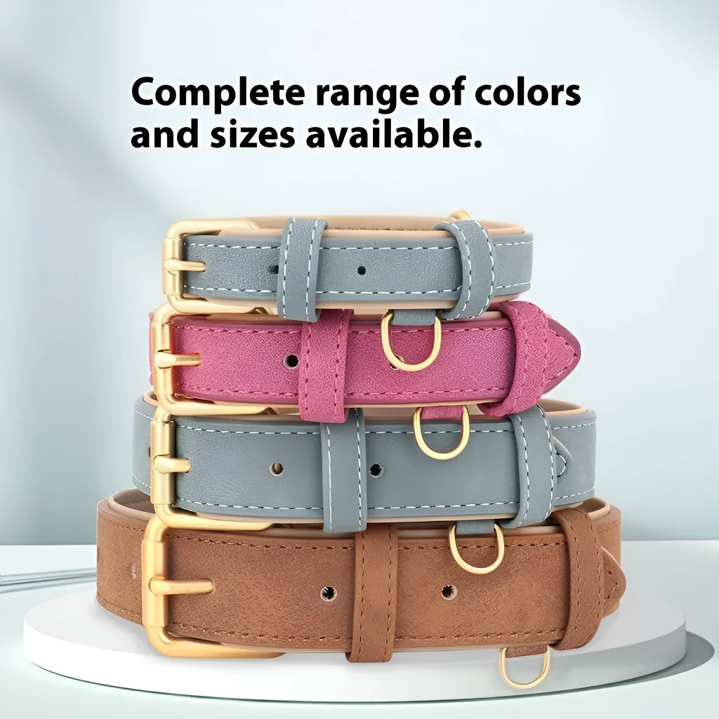 Double-layer leather and mohair dog collar with attached lead in rose red, brown, and blue colour options.