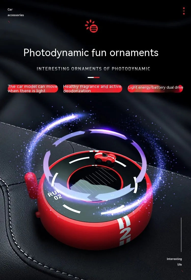 Round solar-powered car aromatherapy decoration with light sense model features in black red or white plastic