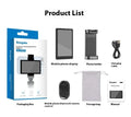 Mobile phone selfie mirror display screen with magnetic suction phone clip, Bluetooth remote control, storage bag, and charging cable.