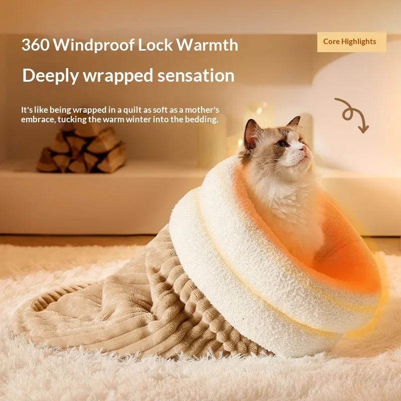 Warm cat bed sleeping bag in cotton fleece, thick corduroy and lamb fleece, sizes S M L, Brown Grey-Blue Beige
