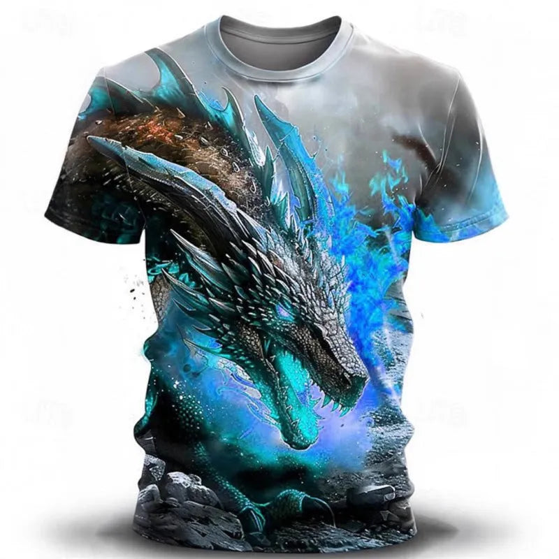 Men's short-sleeve t-shirt with 3D wind dragon print in milk silk polyester fabric