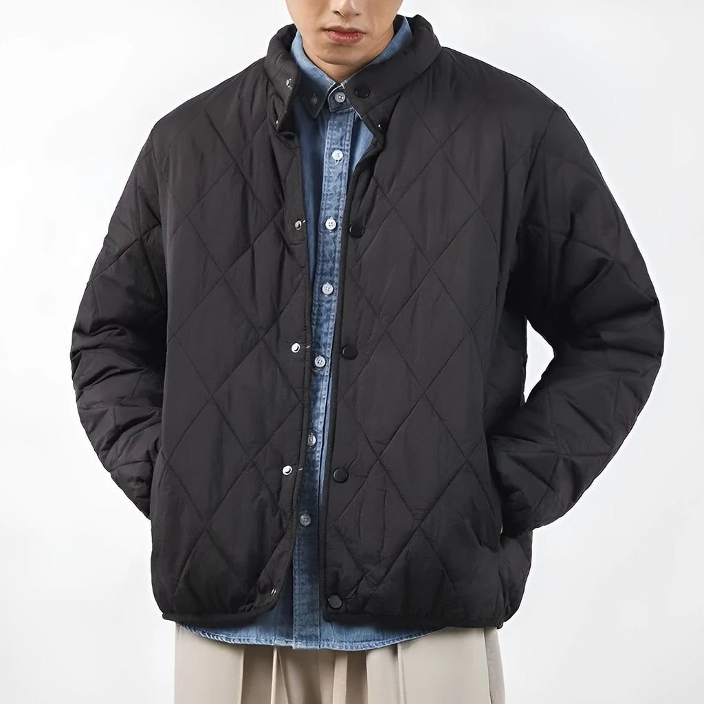 Men's black diamond lattice pattern winter jacket with lengthened 100cm fit
