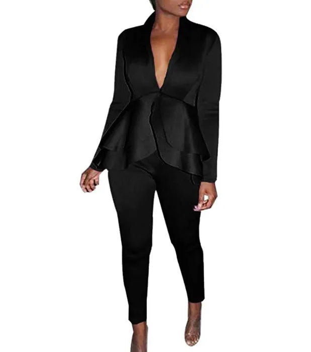 Women's ruffled business uniform set with pencil pants in multiple colour options