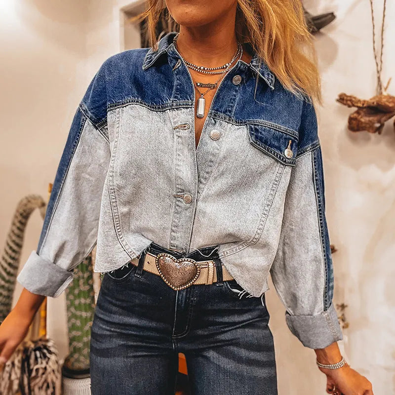 Women's loose fit denim coat with single row multi-buckle design on cotton fabric