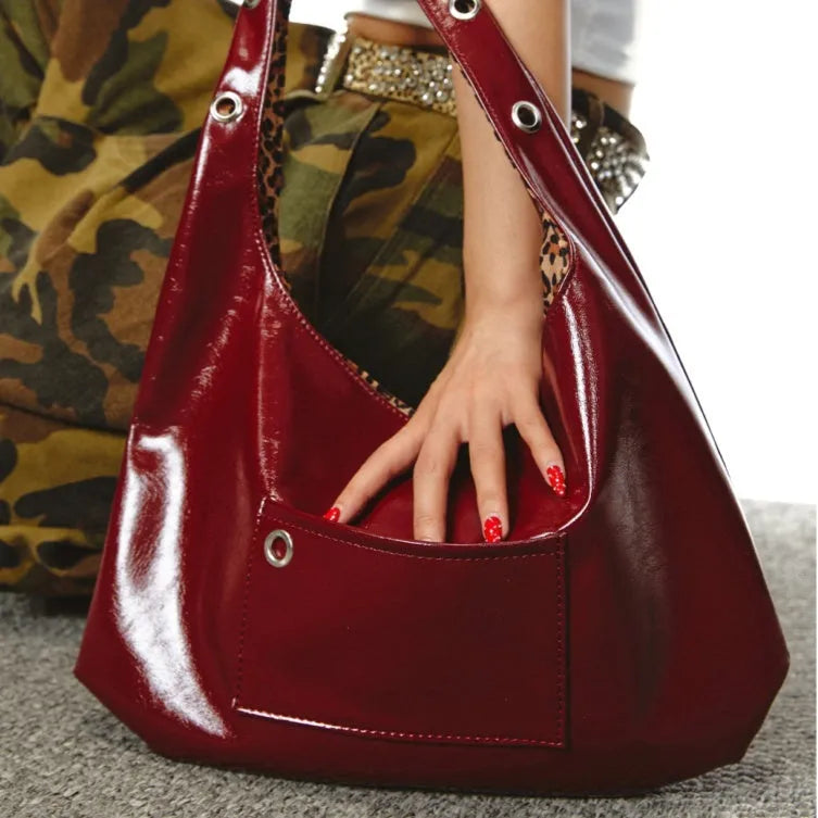 Red leopard print PU leather underarm bag with dumpling shape and large capacity