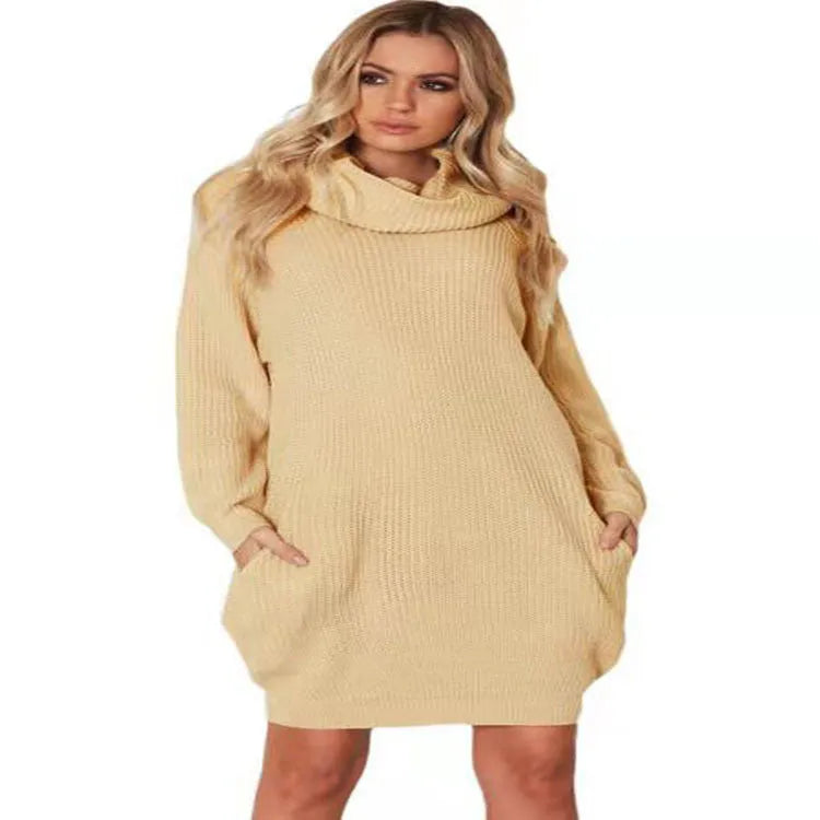 Women's light apricot lapel collar sweater with side pockets, loose slimming mid-length fit.