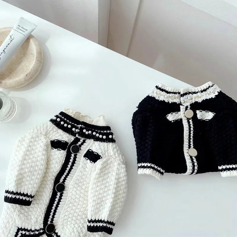 Korean style white puppy sweater with pearl collar for small dogs, size chart showing weight ranges