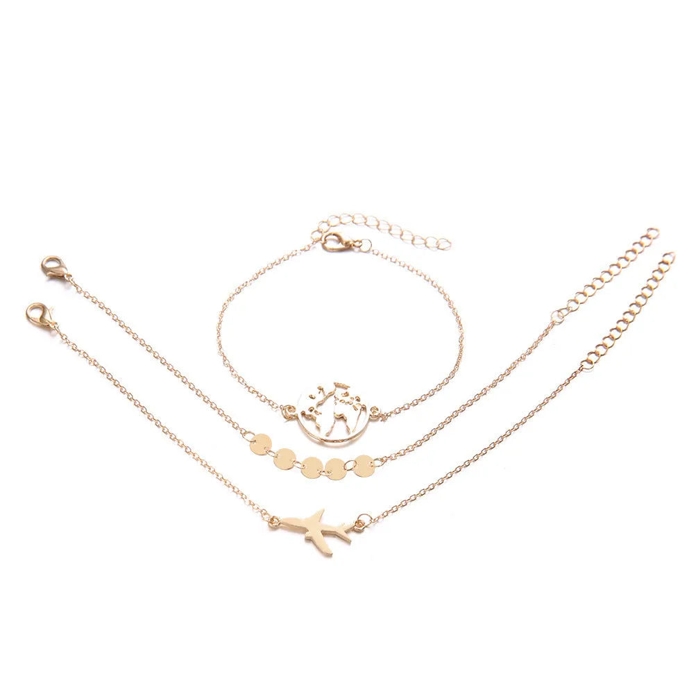 Three bohemian-style aircraft map charm bracelets with heart-shaped alloy charms in sku2104 colour